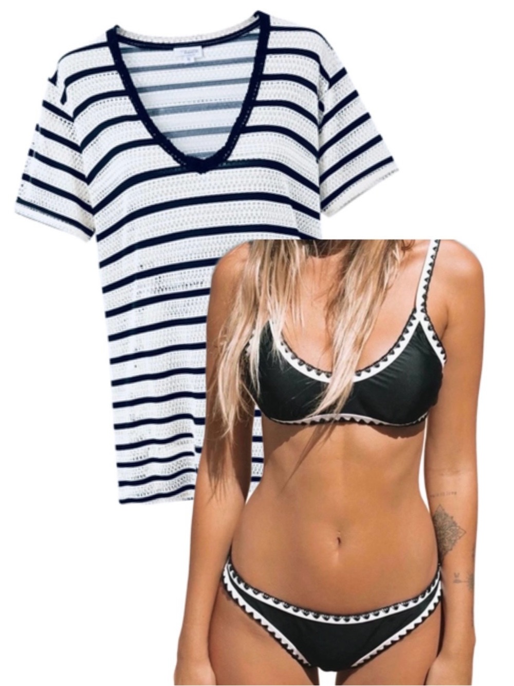 CUPSHE Black & White Crochet Trim Bikini & Matching Crochet Cover-Up 3-Piece Set